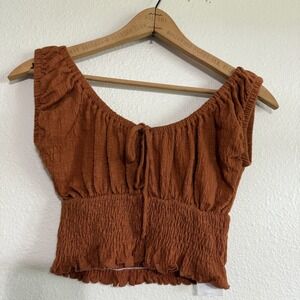 Billabong‎ Off The Shoulder Crop Top Women's XS Brown Smocked Stretch Sleeveless